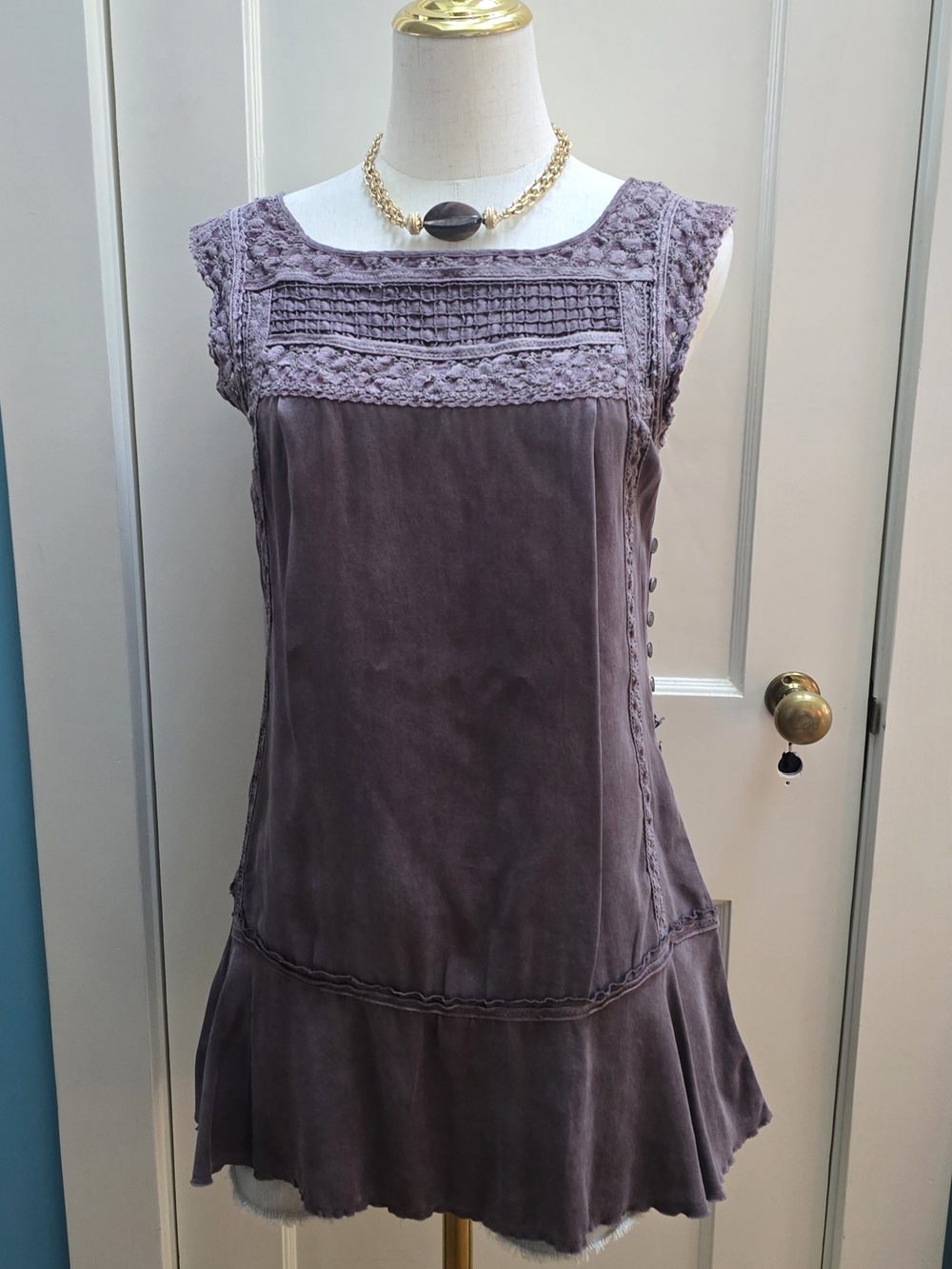 Free People Dusty Blue Silk Crochet-lace Tank Top